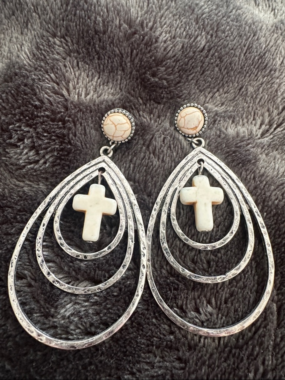 Silver Teardrop Earrings with White Stone Cross